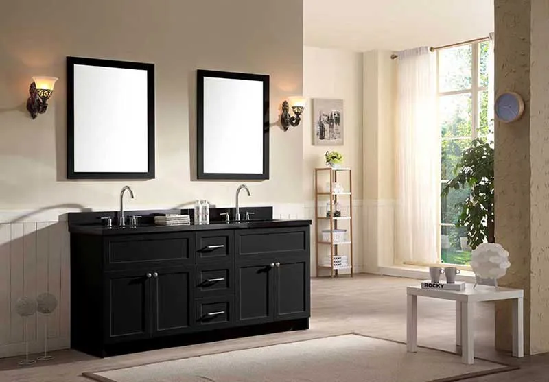 Ariel Hamlet 73" Double Sink Vanity Set with Absolute Black Granite Countertop in Black