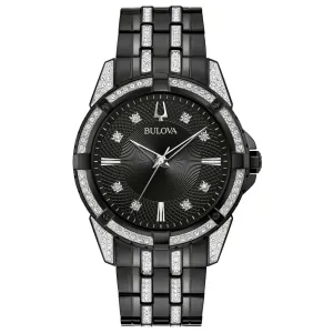 Bulova Men's Crystal Black Stainless Steel Watch and ID Bracelet Set 98K109