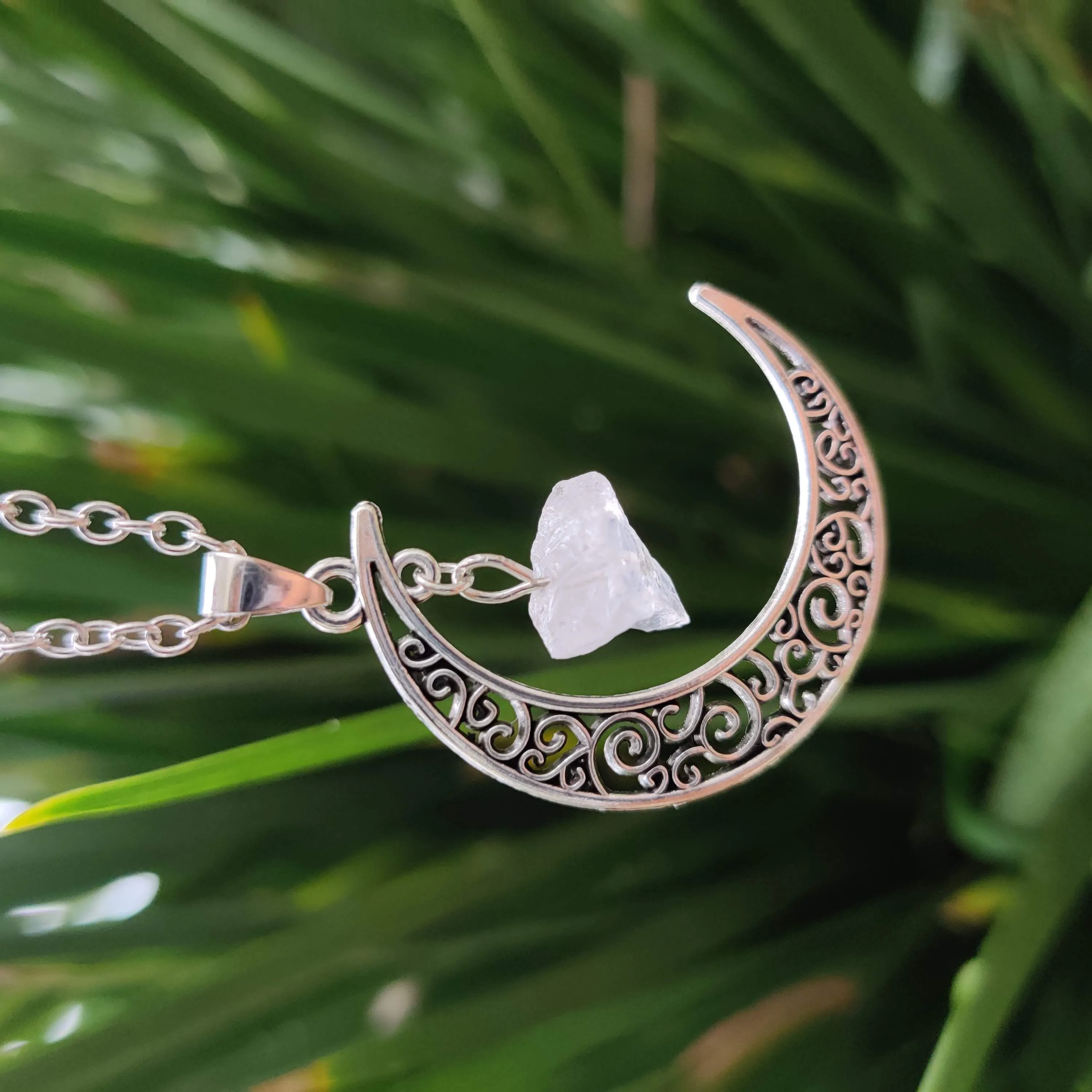 Clear Quartz Moon Pendant with Silver Chain