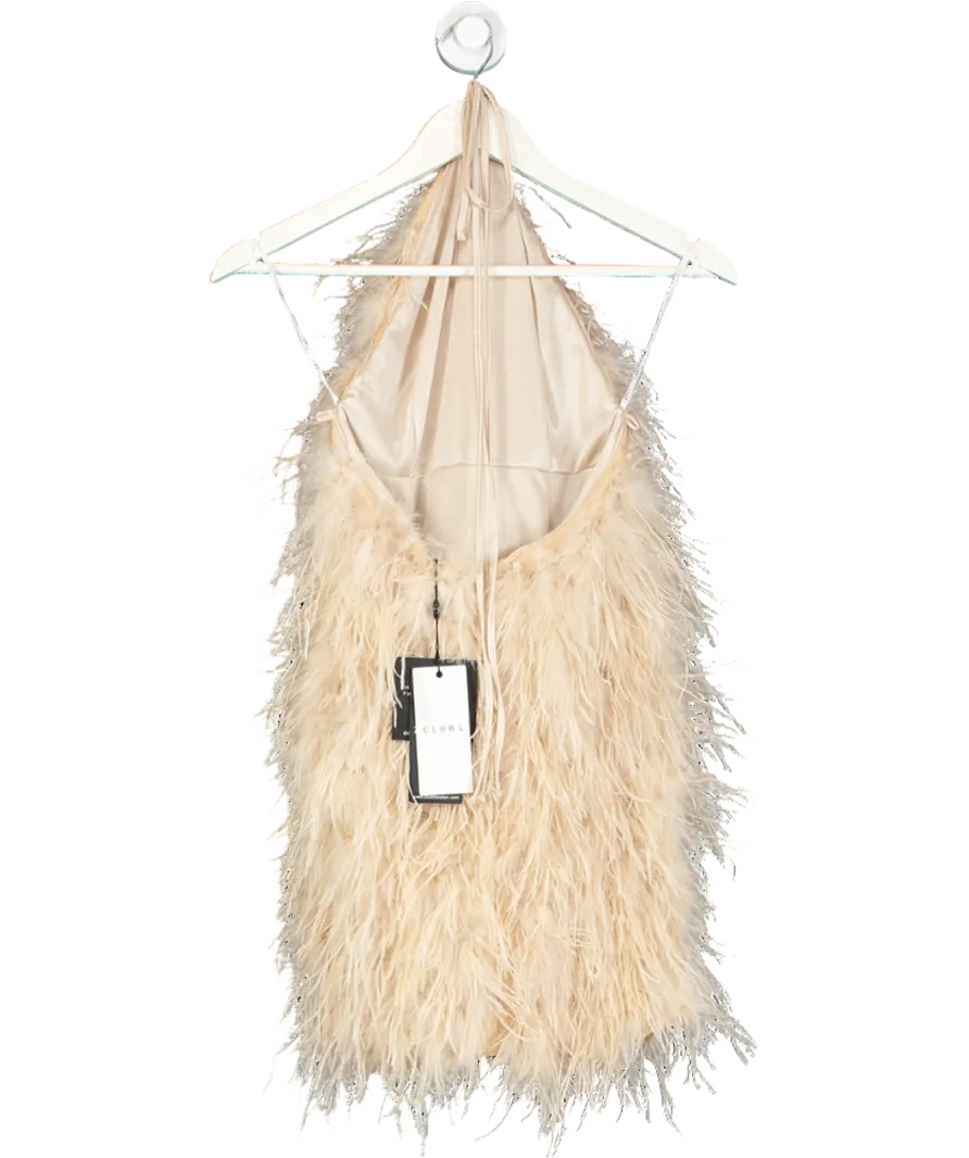 Club L Nude Power Up Feather Halter Neck Mini Dress UK 6