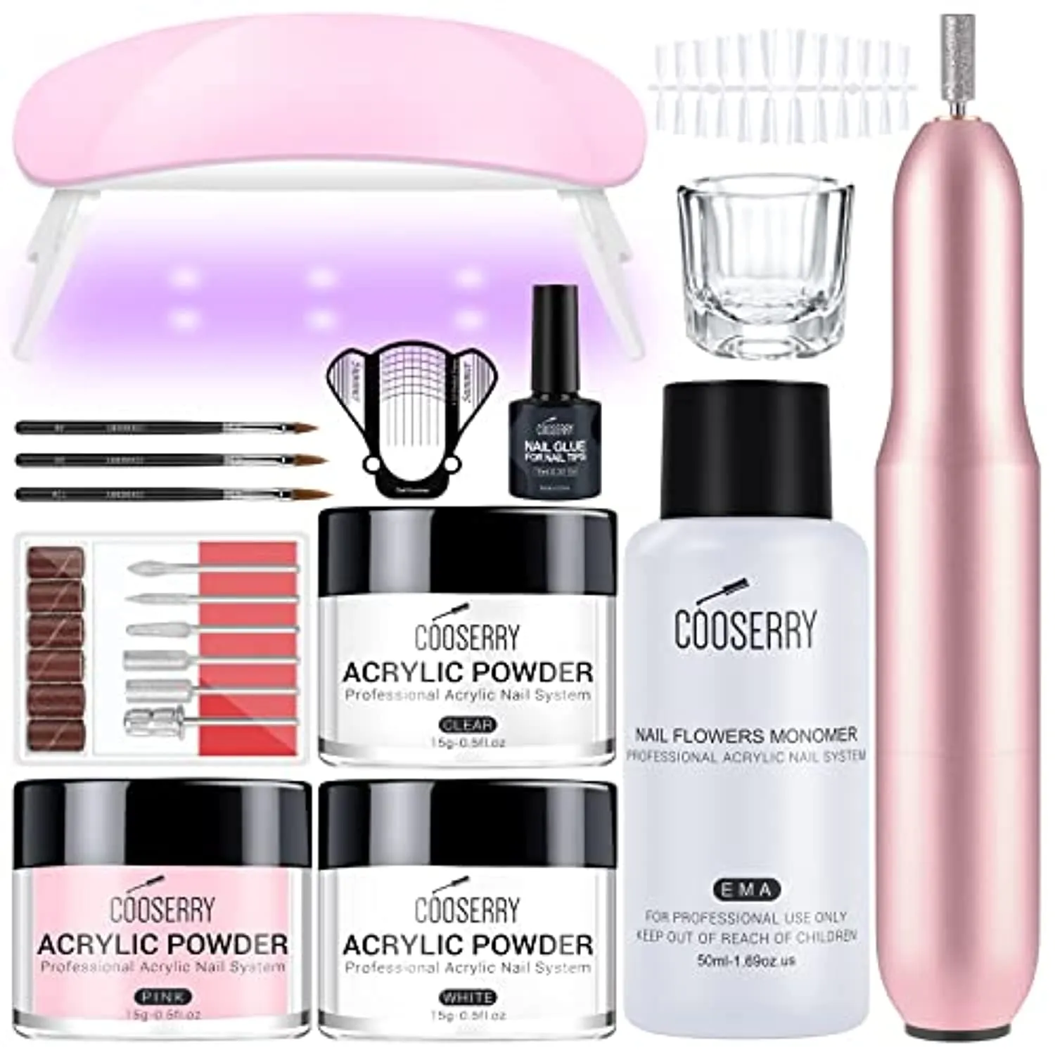 Cooserry Acrylic Nail Kit with Drill and UV Light - Acrylic Powder and Liquid Set with 2 in 1 Nail Glue, Long False Nail - Nails Kit Acrylic Set with 3 Colors Acrylic Powder for Art Nails Beginner