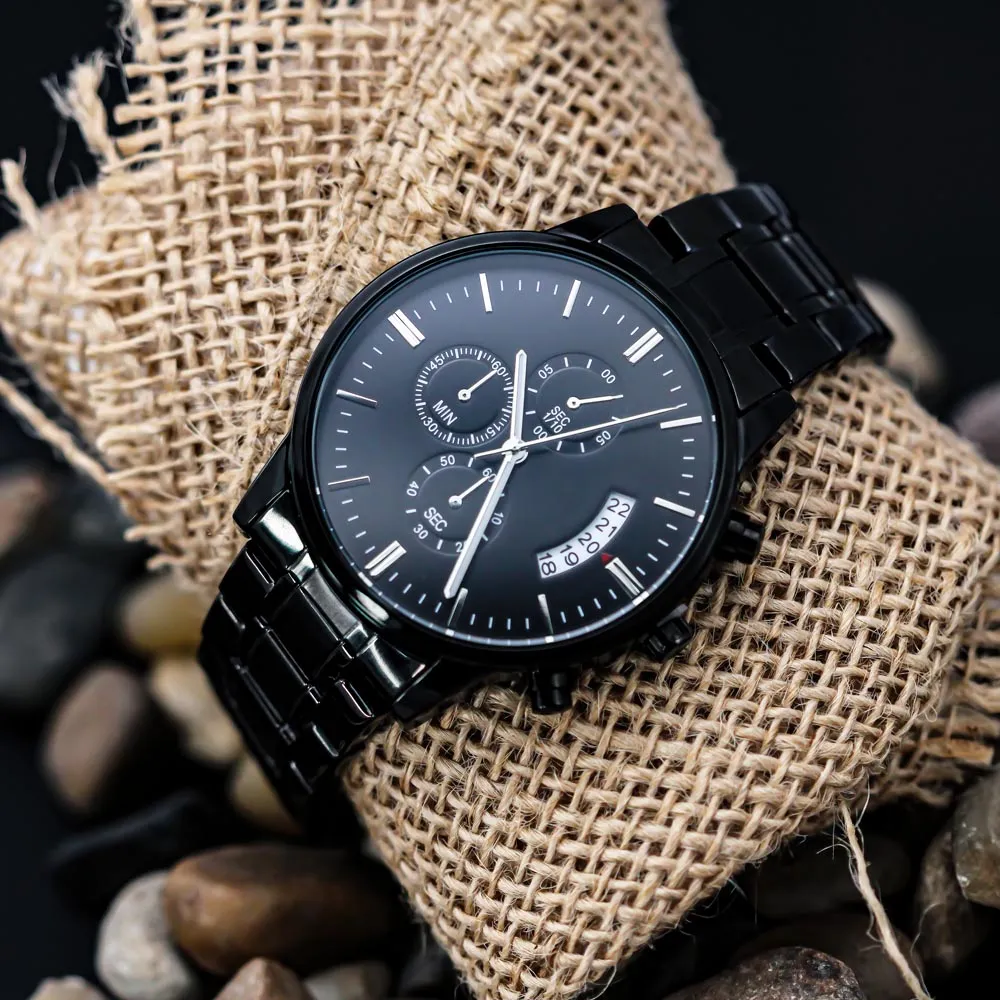 Customized Text Black Chronograph Watch For Men