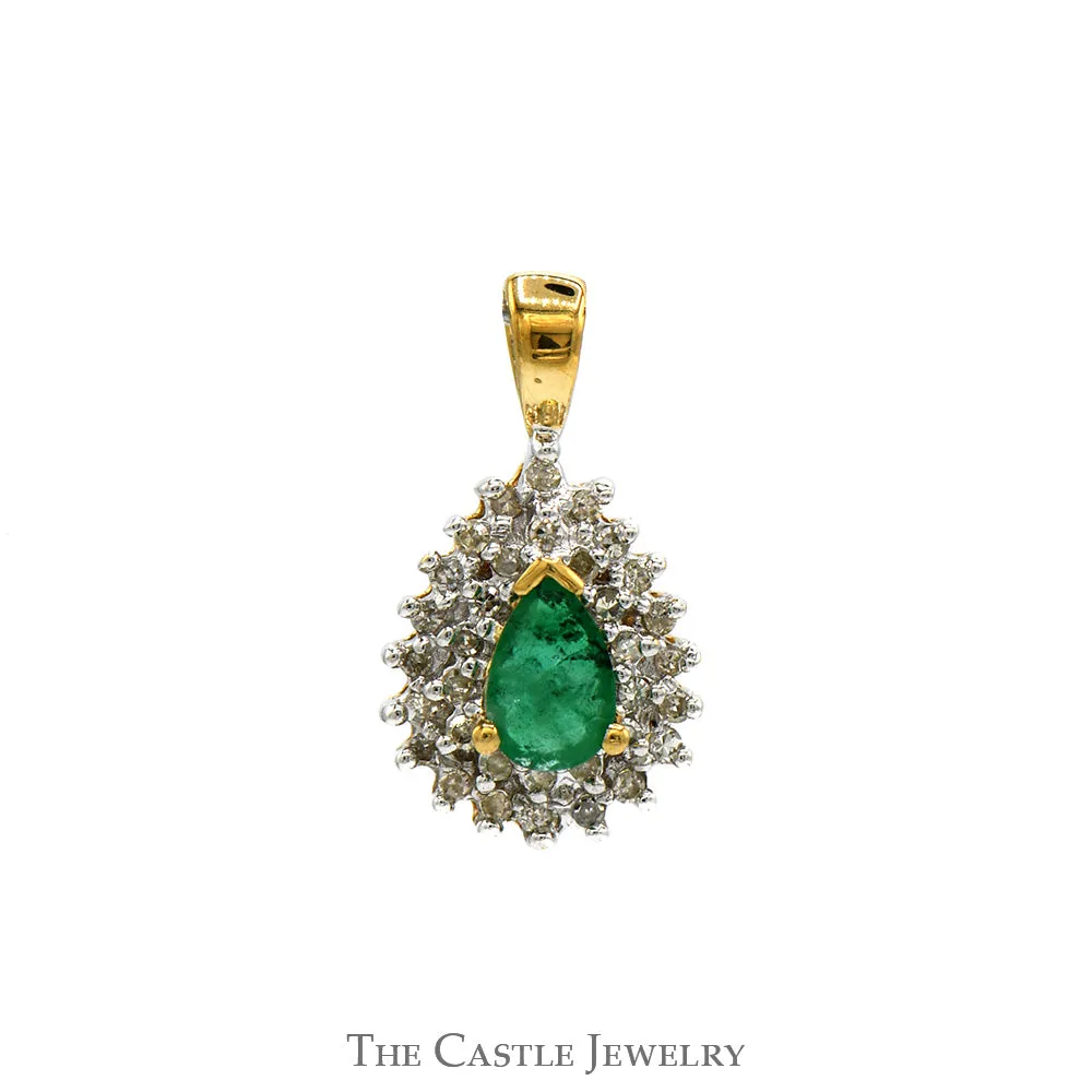 Elegant Pear Cut Emerald Pendant with Diamond Cluster in 10k Yellow Gold