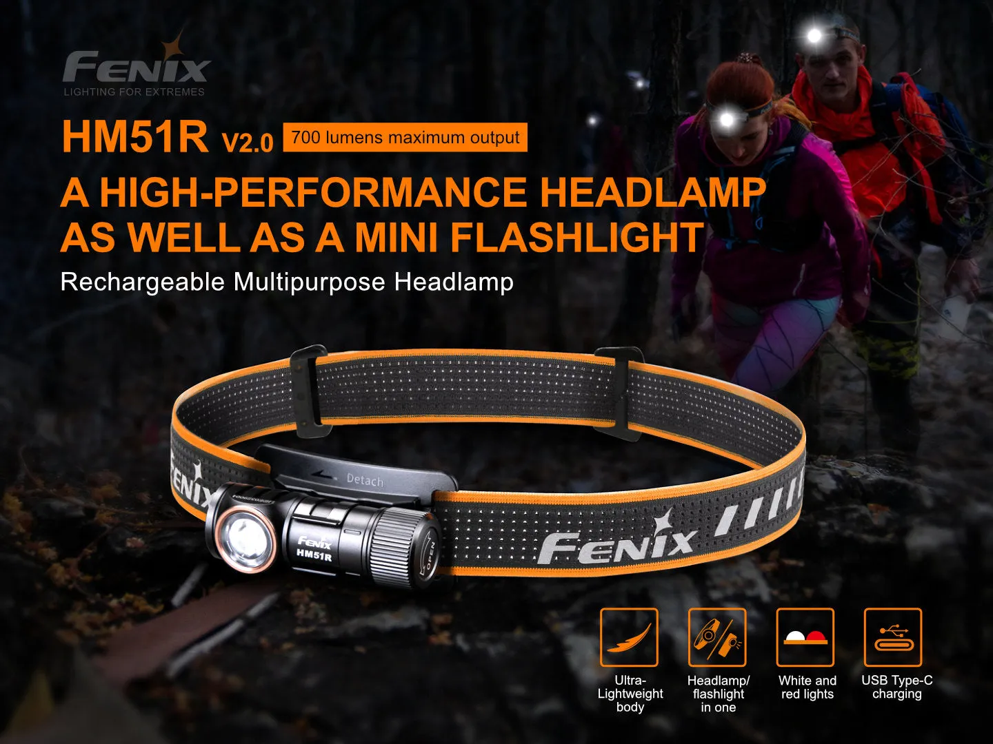 FENIX HM51R Ruby V2.0 RECHARGEABLE HEADLAMP - Full Black