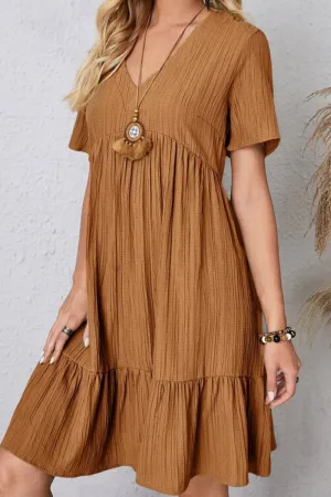 Full Size Ruched V-Neck Short Sleeve Dress (7 Colors)