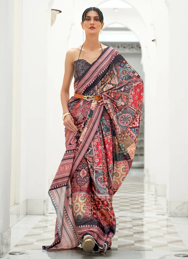 Grey Multicolored Digital Printed Crape Silk Saree