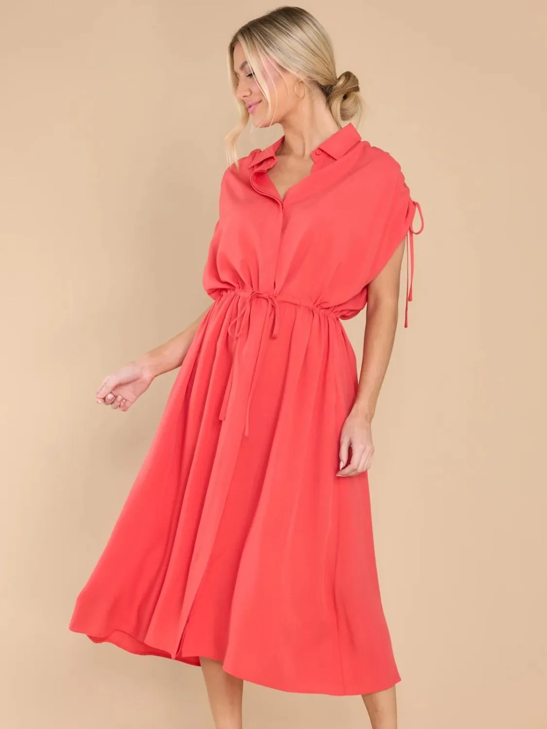Hazel Blues® |  Drawstring Collared Neck Short Sleeve Midi Dress