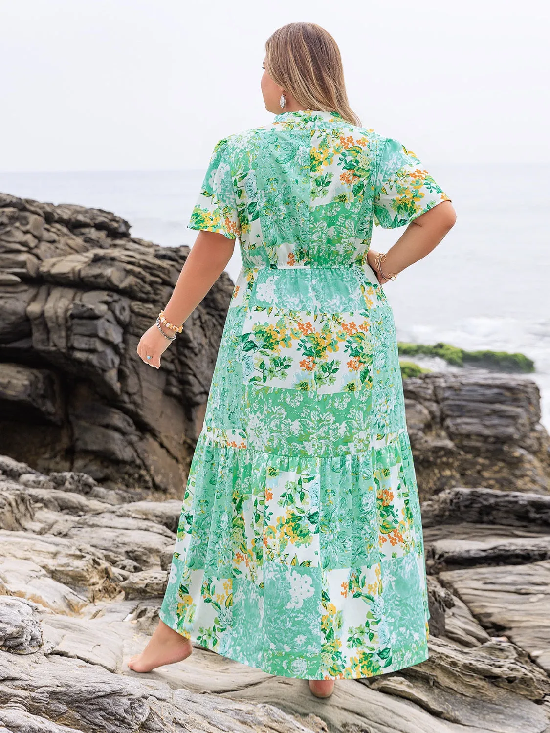 Hazel Blues® | Printed Notched Short Sleeve Maxi Dress