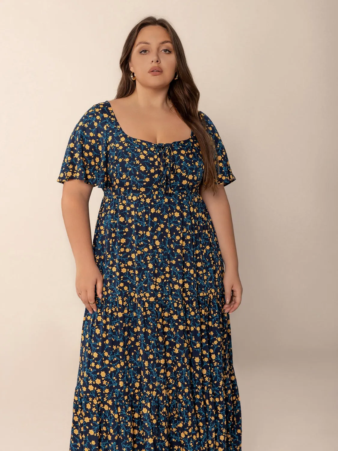 Hazel Blues® | Printed Short Sleeve Slit Tiered Maxi Dress