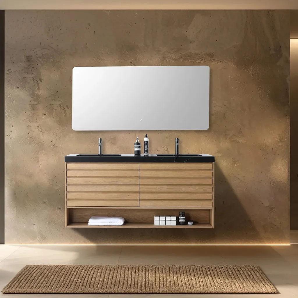 Matera 2 Drawers   1 Open Shelf Bathroom Vanity with Black Quartz Sink - Wall Mount - 60" Wood/Pecan Oak