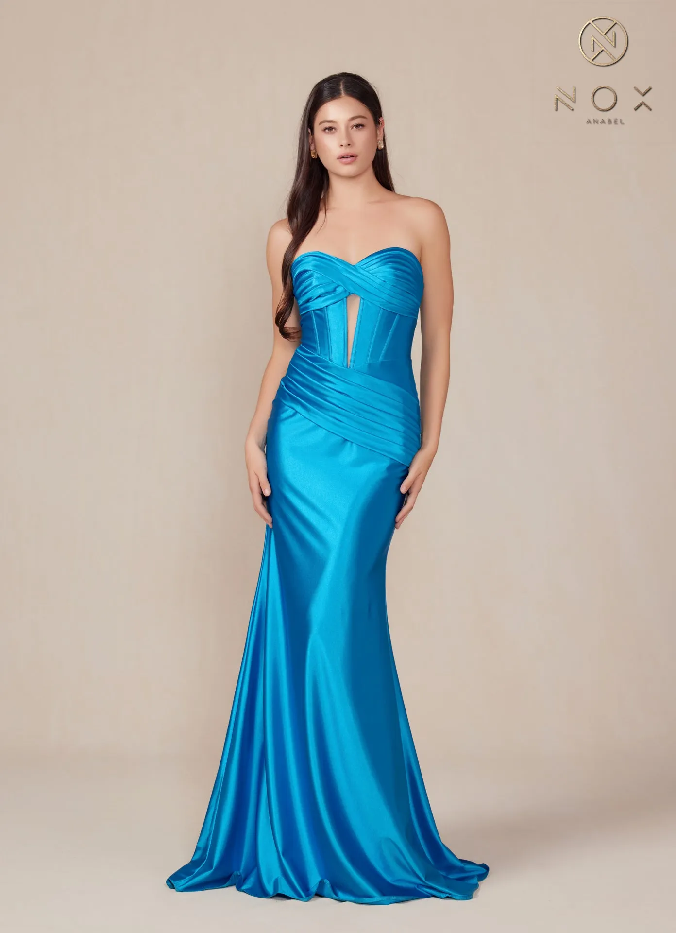 N T1500 - Strapless Stretch Satin Fit & Flare Prom Gown with Boned Bodice & Lace-Up Back