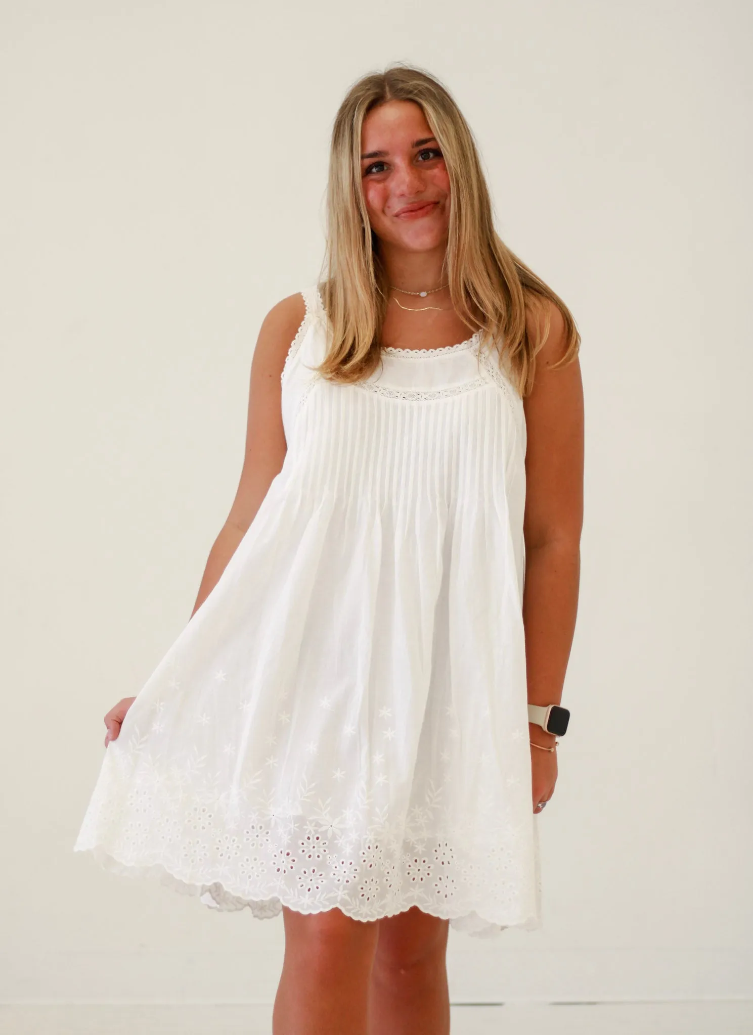 Sunlit Soiree Scalloped Laser Cut Dress in Off-White