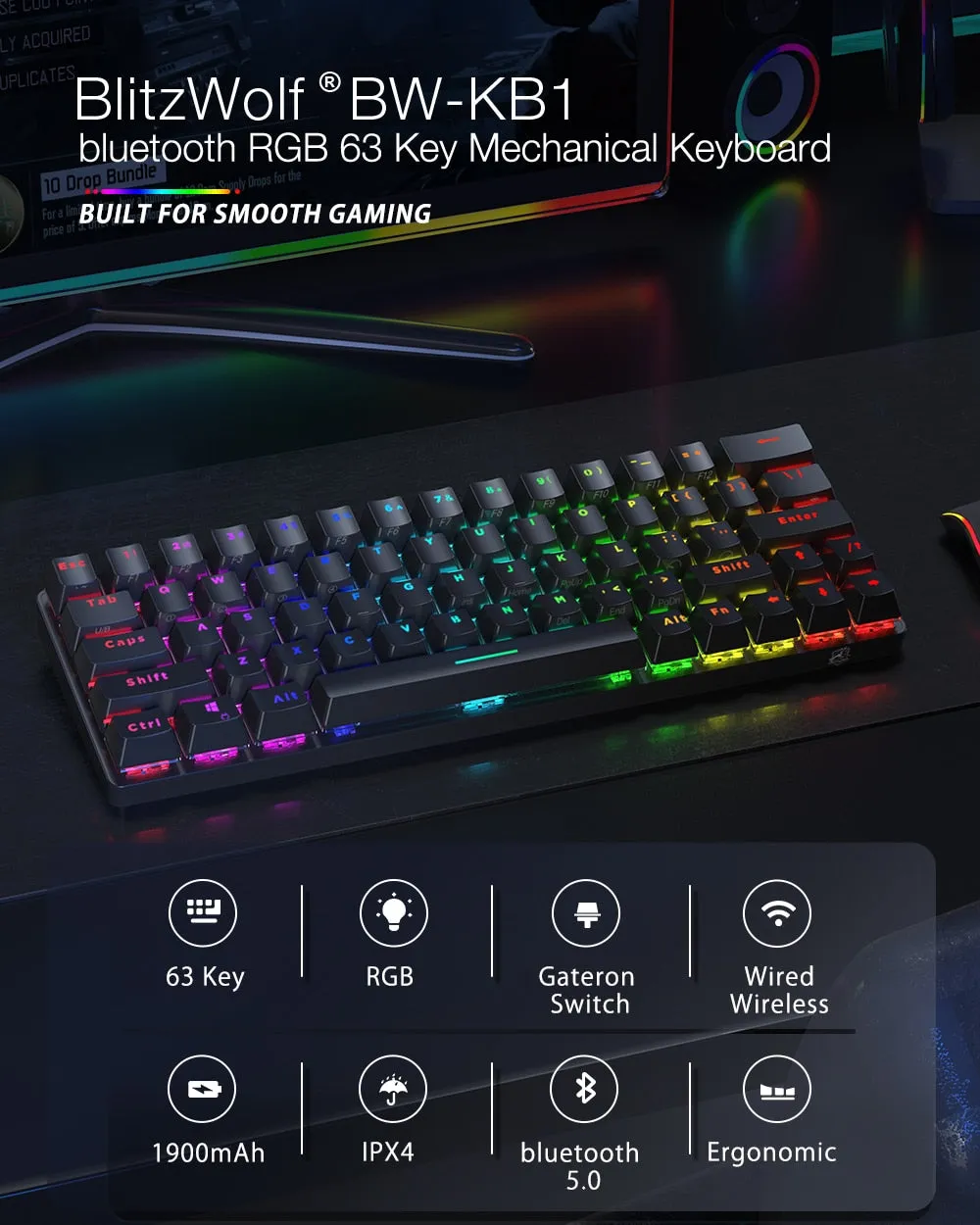 Wireless Gaming Mechanical Keyboard 63 Keys