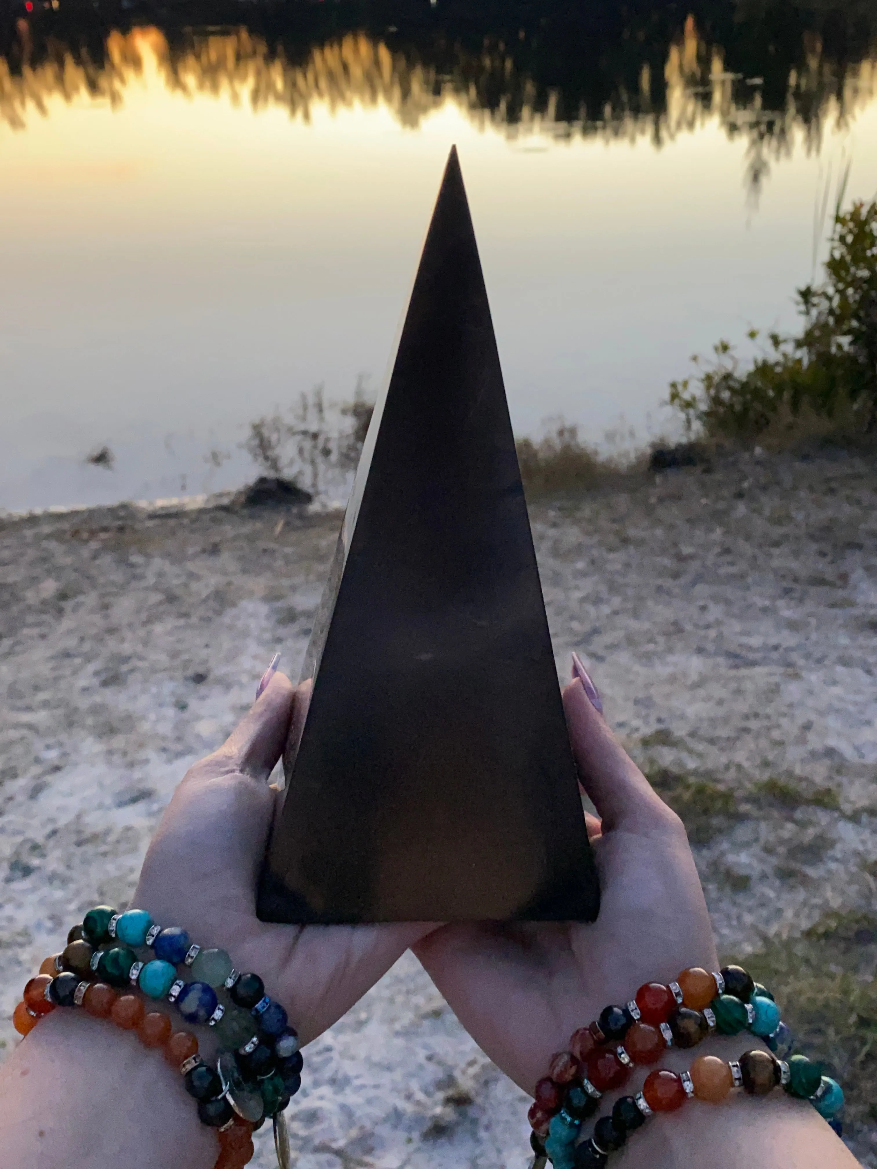 XL Polished Shungite Pyramid - 8.5 inch Reiki-Charged Power Pyramid